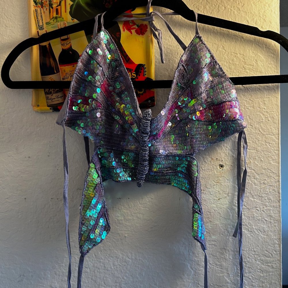 EUC Med/Large Party Crop Top Butterfly Sequins Medium